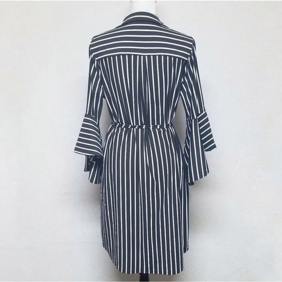 Vintage Black White Multi Stripe Bell Sleeve Tie Waist Button Up Midi Dress L - Picture 11 of 13